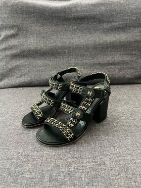 CHANEL Black Leather Chain-Trim Block Heel Sandals